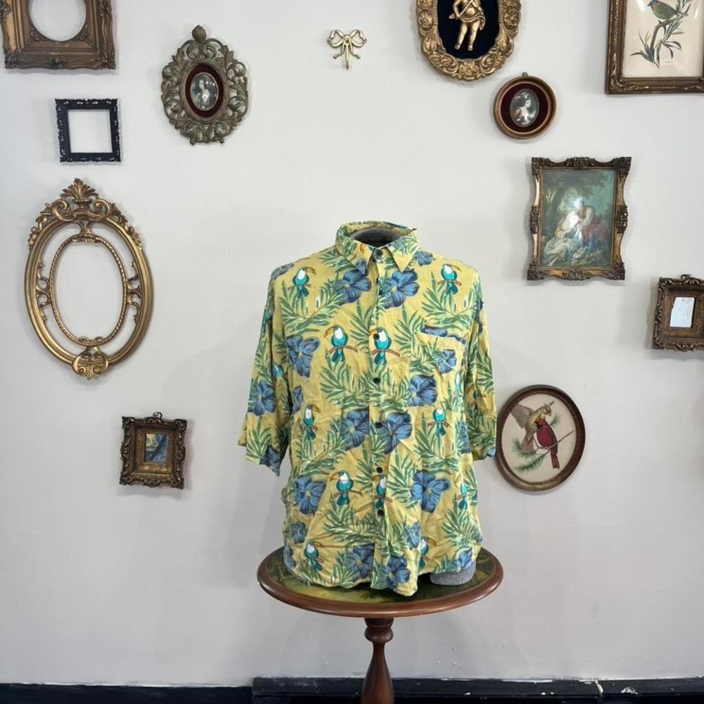 vintage Bruno Banana Tropical Toucan Print Button-Up Shirt – Men's XL